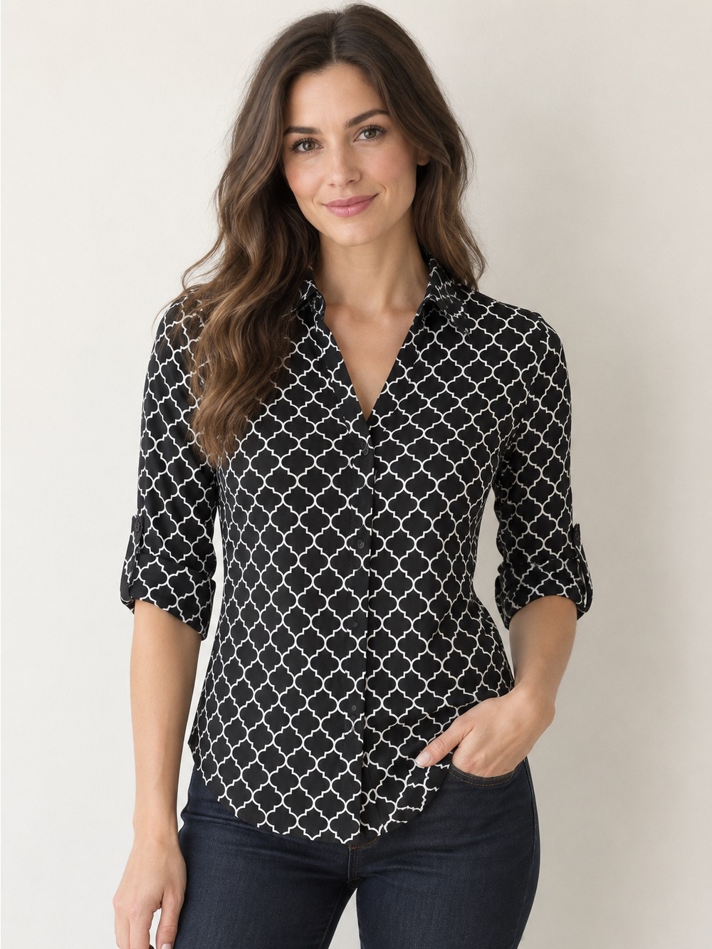 Express Portofino Slim Black & White Geometric Button-Down Blouse XS